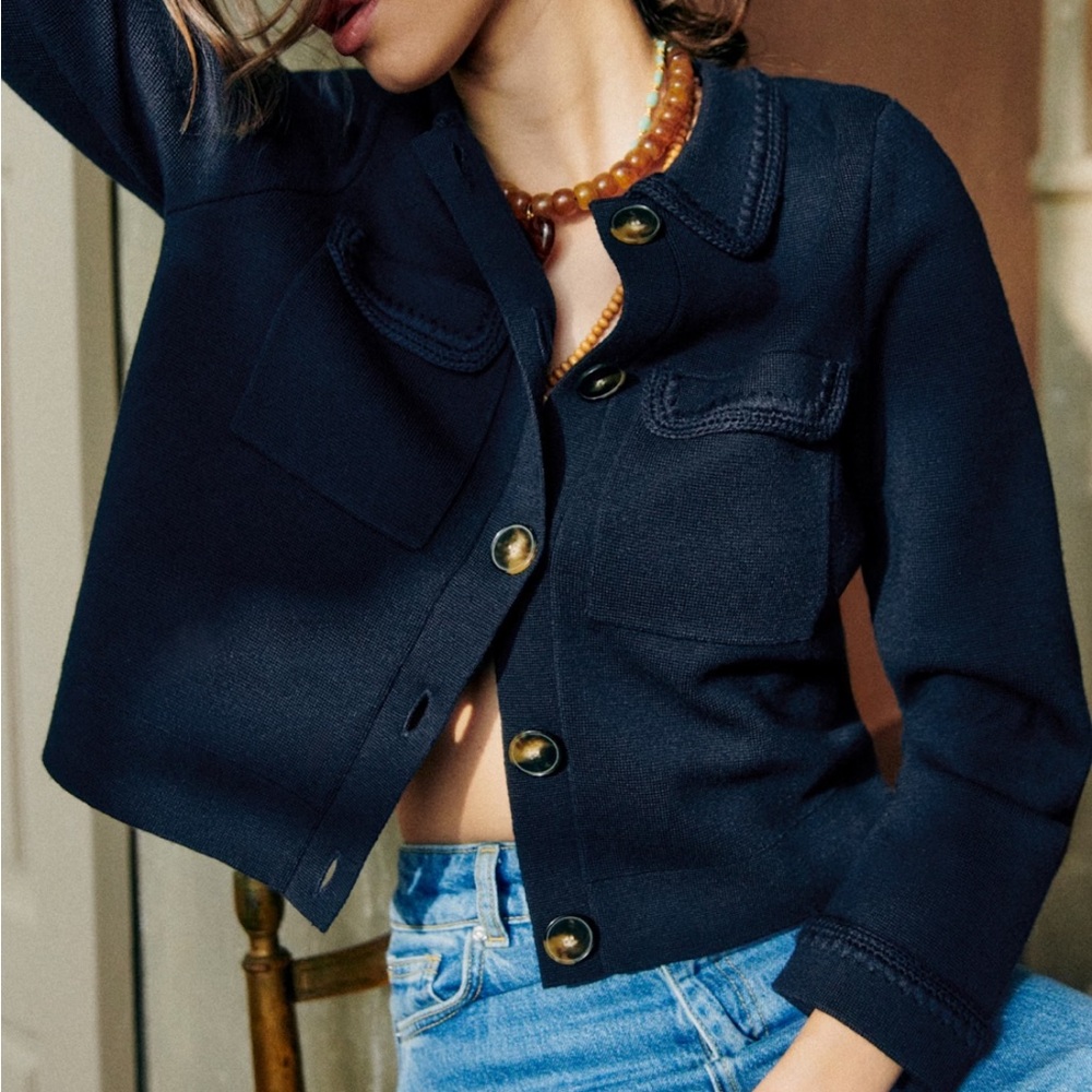 Sezane Betty Cardigan in Navy Crochet